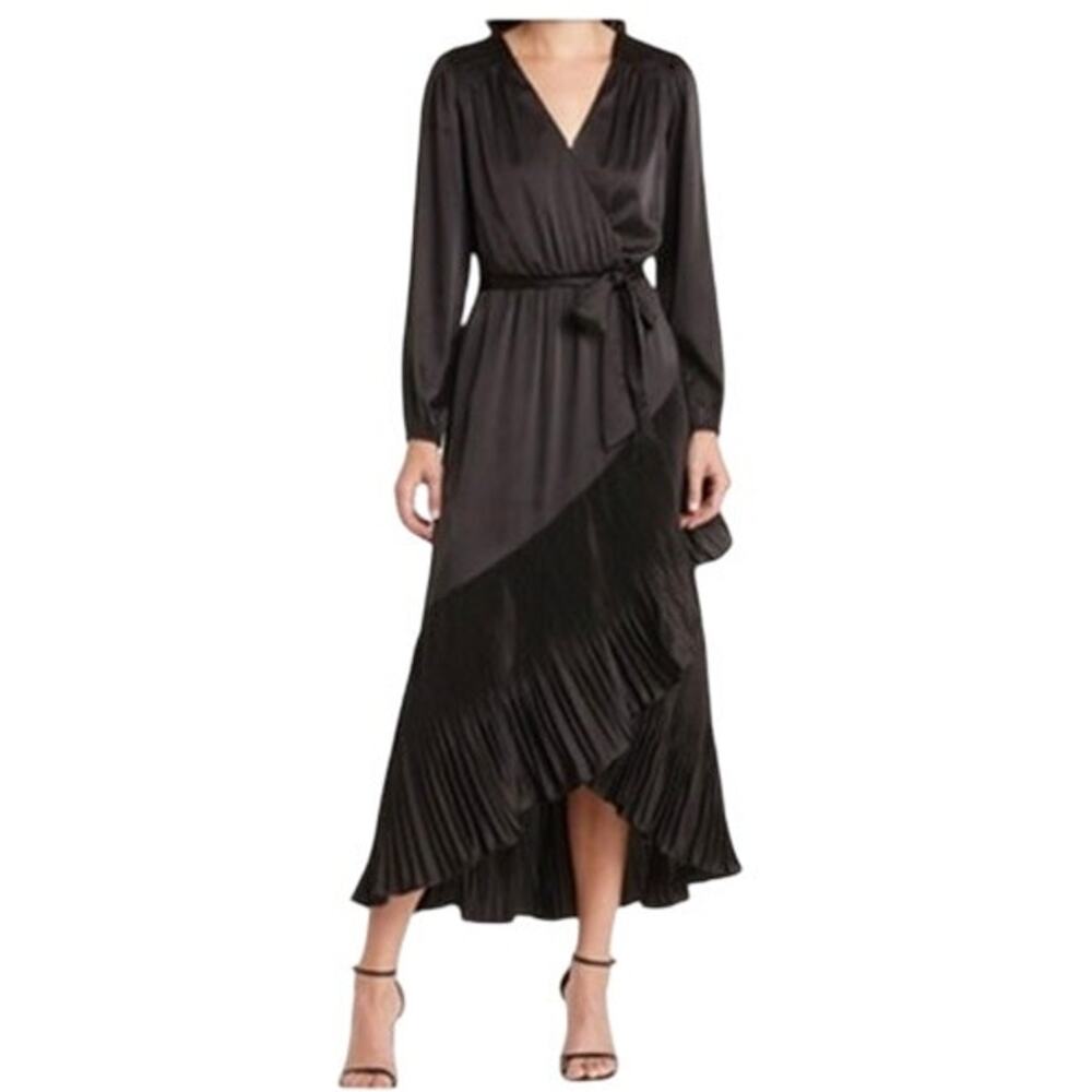 "MILA MEA" Black Silky Flowing Pleated Dress SZ‎ M Asymmetric Long Sleeve Witchy